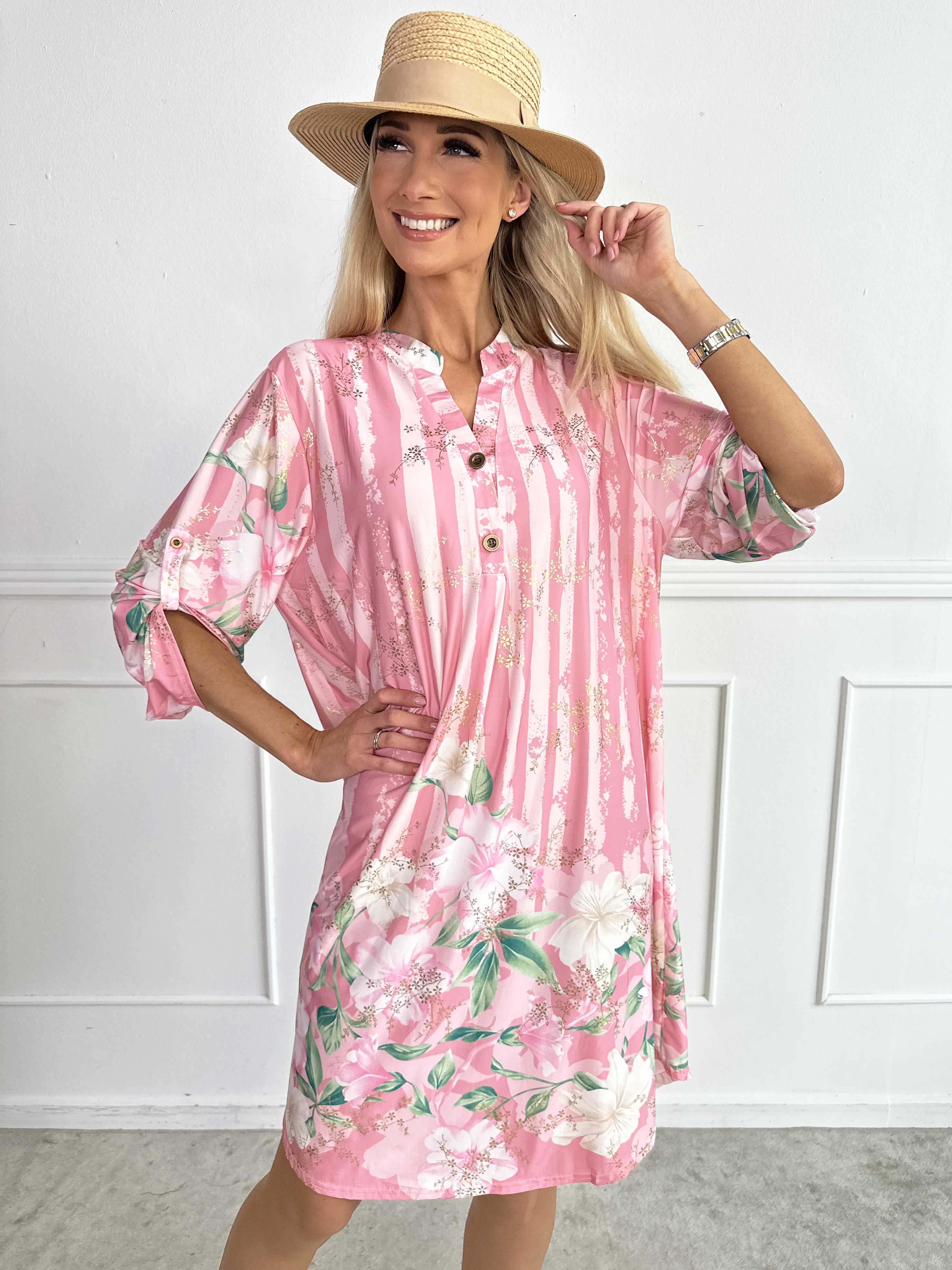 Ebba Floral Stripe Long - Elastisk blomstret kjole med guld detaljer